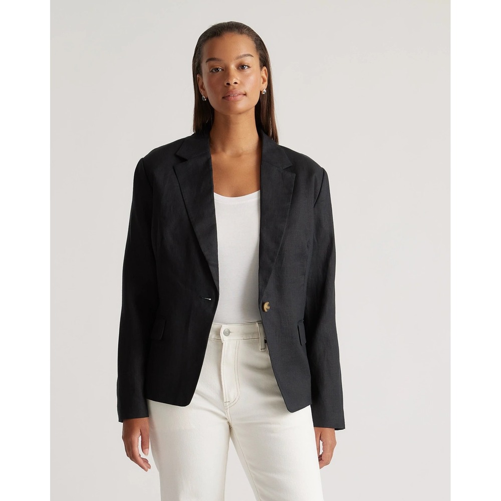 Quince European Flax Linen Structured Blazer Women M Black Office Capsule Staple